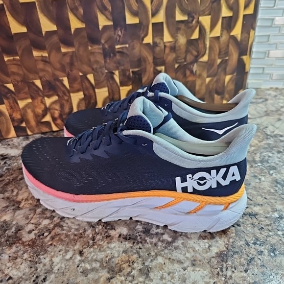 Hoka one Clifton 7 Athletic Shoes in Dark Blue and Coral - Picture 2 of 8